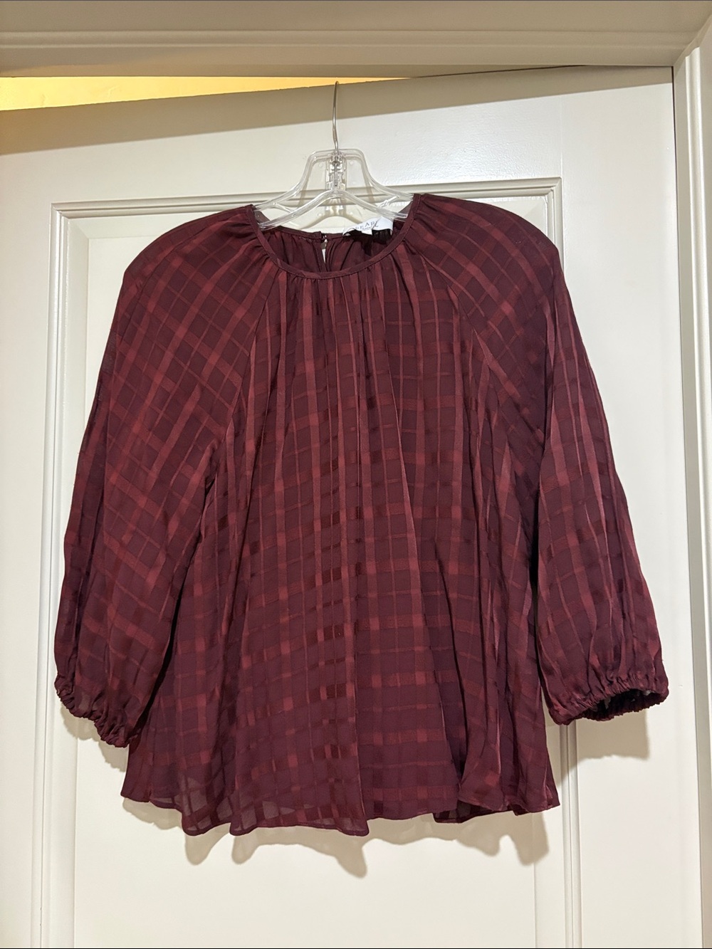 Pearl Burgundy Plaid Sheer Blouse - Long Sleeve Feminine Top